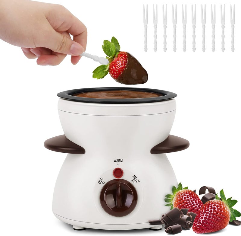 Micnaron Chocolate Fondue Pot, Mini Electric Chocolate Melting Pot, Chocolate Maker Chocolate Marshmallow Candy Melting Warming Fondue Set Dipping Pot with 10pcs Forks & Removable Pot for Party, White - Image 1
